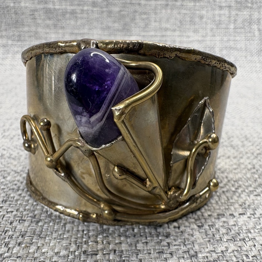 Copa Collection Brutalist Amethyst Mixed Metal Cuff Bracelet Artisan Floral Leaf